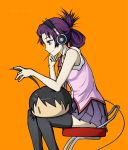  akg alternate_hairstyle araragi_koyomi bakemonogatari blue_eyes chair face grey_legwear hair_up headphones highres monogatari_(series) orange_background pas_(paxiti) pleated_skirt pocky profile purple_hair school_uniform senjougahara_hitagi simple_background sitting skirt sleeveless thigh-highs thighhighs |_| 