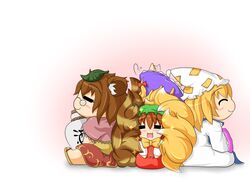  =_= ^_^ animal_ears blonde_hair blush bottle brown_hair chen chibi closed_eyes dress eyes_closed fox_tail futatsuiwa_mamizou glasses hat hat_with_ears kokujuuji leaf leaf_on_head multiple_girls multiple_tails open_mouth pince-nez purple_dress raccoon_ears raccoon_tail sake shirt sitting skirt skirt_set smile sparkle tabard tail touhou upside-down white_dress yakumo_ran yakumo_yukari 