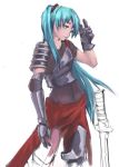  asymmetrical_clothes asymmetrical_clothing breastplate gloves greaves green_eyes green_hair hatsune_miku navel partially_colored pauldron pauldrons riftgarret solo sword t-shirt vambraces vocaloid weapon work_in_progress 