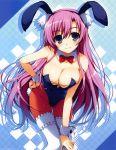  absurdres animal_ears bare_shoulders blue_eyes breasts bunny_ears bunnysuit cleavage copyright_request hand_on_hip highres hips large_breasts leaning_forward light_smile long_hair pantyhose pink_hair red_legwear solo tomose_shunsaku 