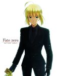  ahoge androgynous bad_id black_gloves blonde_hair excalibur fate/stay_night fate/zero fate_(series) female formal gloves green_eyes izru necktie pant_suit ponytail reverse_trap saber solo suit sword tomboy weapon 