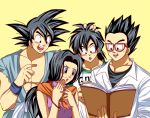  &gt;:) &gt;:d agehay bespectacled black_eyes black_hair book chichi clothes_writing clothing_writing dragon_ball dragon_ball_z dragonball_z glasses hand_on_head long_hair muscle open_mouth red-framed_glasses siblings simple_background smile son_gohan son_gokuu son_goten spiked_hair spiky_hair teeth wristband 