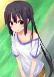  black_hair blush brown_eyes from_above highres k-on! kokomu kokumu long_hair looking_up nakano_azusa off_shoulder open_mouth solo twintails 