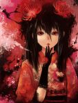  black_hair floral_print flower gloves hair_flower hair_ornament hand_to_mouth japanese_clothes kanini kimono original red_eyes red_rose rose sash solo spider_lily 