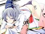  ass black_panties blue_eyes blush hat highres japanese_clothes lying mononobe_no_futo no_pants on_stomach panties ponytail reiha_(penetrate) reiha_(pixiv) side-tie_panties silver_hair solo touhou underwear 