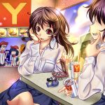  bra brown_hair cellphone fast_food food good_end hamburger lingerie long_hair madotsuki monikano phone red_eyes restaurant see-through uboa underwear what_if yume_nikki 