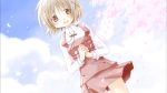  aoki_ume blue_sky blush brown_eyes brown_hair cherry_blossoms cloud hair_ornament hairpin hands_together hidamari_sketch long_sleeves looking_at_viewer official_art open_mouth school_uniform short_hair skirt sky smile solo string_tie yuno 