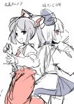  bow cosplay costume_switch fujiwara_no_mokou fujiwara_no_mokou_(cosplay) grey_eyes grey_hair hair_bow hair_ribbon hat mononobe_no_futo mononobe_no_futo_(cosplay) multiple_girls overalls pants ponytail red_eyes ribbon sketch skirt suspenders tate_eboshi touhou white_hair yetworldview_kaze 