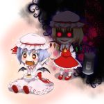  arm_up ascot bat_wings blonde_hair blue_hair blush chibi drooling fangs flandre_scarlet glowing glowing_eyes hammer mount_whip open_mouth plate pudding red_eyes remilia_scarlet shirt siblings sisters sitting skirt skirt_set smile sparkle spoon touhou wings 