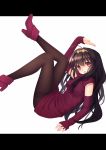  ahoge boots bow brown_hair detached_sleeves female hair_bow hairband highres letterboxed long_hair nana_mikoto open_mouth original pantyhose red_eyes solo sweater_dress turtleneck 