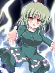  breasts brown_eyes dress ghost_tail green_dress green_hair hat lighting lightning long_sleeves open_mouth outstretched_arms outstretched_hand ry short_hair soga_no_tojiko solo touhou 