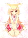  akane_(naomi) animal_ears bad_id bare_legs bare_shoulders barefoot between_legs between_thighs blonde_hair blush fox_ears fox_tail hand_between_legs long_hair looking_at_viewer naomi_(sekai_no_hate_no_kissaten) open_mouth original red_eyes sitting skirt solo tail thighs v_arms wariza 