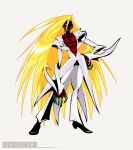  blonde_hair claws face_mask hand_on_hip hips ichikai long_hair mask original player_2 red_eyes scar simple_background solo very_long_hair 