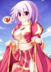  breasts cloud dress dress_lift garter_straps grin heart high_priest highres impossible_clothes impossible_clothing kinakomochi lavender_hair pink_eyes pointy_ears ragnarok_online short_hair sky smile solo spoken_heart 