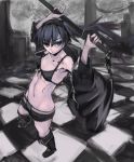  abs bikini_top black_hair black_rock_shooter black_rock_shooter_(character) blue_eyes boots chain chains checkered checkered_floor coat flat_chest highres long_hair midriff navel riftgarret scar short_shorts shorts solo sword twintails weapon 