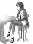  akizuki_ritsuko bad_id casual chair chin_rest crossed_legs hair_down idolmaster legs_crossed long_hair monochrome sitting solo table tkhs 