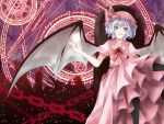  bat_wings black_legwear blue_hair chain chains chair crossed_legs dress energy_ball fang hat magic_circle pantyhose red_eyes remilia_scarlet shihiron short_hair sitting solo touhou what_is_a_man? wings 