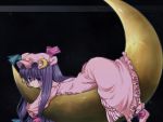  akino_ochiba blush crescent crescent_moon hat long_hair lying moon on_stomach patchouli_knowledge purple_eyes purple_hair robe solo straddle themed_object touhou violet_eyes wallpaper 