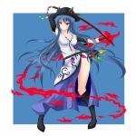  alternate_breast_size blue_hair breasts cleavage fire gmot hat highres hinanawi_tenshi large_breasts long_hair red_eyes side_slit solo sword sword_of_hisou thighs touhou very_long_hair weapon 