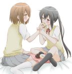  black_hair brown_eyes brown_hair doughnut feeding female hirasawa_yui indian_style k-on! long_hair maka_(hyougenbu) multiple_girls nakano_azusa no_shoes school_uniform short_hair simple_background sitting twintails wariza yuri 