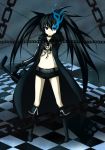 absurdres belt bikini_top black_hair black_rock_shooter black_rock_shooter_(character) blue_eyes boots chain chains coat glowing glowing_eyes highres kuena long_hair midriff navel scar shorts solo twintails weapon 