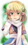  arm_up arm_warmers blonde_hair blush bust clenched_hand fist green_eyes marimo_danshaku mizuhashi_parsee open_mouth pointy_ears raised_eyebrow sash scarf shirt short_hair skirt solo tears touhou uneven_eyes wavy_mouth 