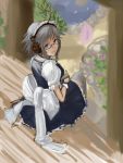  ahoge bespectacled blue_eyes braid cuffs dutch_angle flower glasses grado grado_labs headphones izayoi_sakuya looking_at_viewer looking_back maid maid_headdress pan!ies pantsu-pirate pond short_hair silver_hair solo thigh-highs thighhighs touhou twin_braids wrist_cuffs 