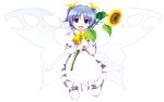  :d ascot blue_eyes blue_hair chipika dress fairy fairy_wings flower hair_ribbon highres looking_at_viewer open_mouth ribbon short_twintails simple_background smile solo sunflower sunflower_fairy touhou twintails white white_background white_dress wings 