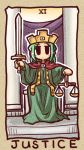  copyright_request crown green_hair ikkyuu justice_(tarot_card) lowres robe scale sitting solo sword tarot weapon 