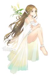  bare_shoulders barefoot brown_hair dress feet flower frills gathers grey_eyes highres lace long_hair original panties ruffles simple_background solo tuuuh underwear white_panties 