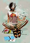  bird bodypaint cd feet headphones highres indian_style lips mouth_hold original panties plant rainbow sandals short_sleeves sitting solo surreal t-shirt taki_(minorityblood) tattoo underwear vertical-striped_legwear vertical_stripes 