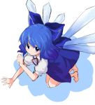  barefoot blue_eyes blue_hair blue_rose blush bow cirno flower from_above hair_bow looking_at_viewer looking_up mirino rose simple_background sketch smile solo touhou wings 