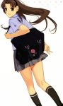  artist_request bag brown_eyes brown_hair character_request copyright_request highres kneepits legs long_hair looking_back mibu_natsuki school_uniform simple_background skirt solo 