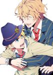  bad_id blonde_hair blue_eyes closed_eyes earrings eyes_closed glasses hat hug jewelry kurusu_shou male multiple_boys nail_polish necktie open_mouth polka_dot school_uniform shinomiya_natsuki striped teeth uta_no_prince-sama white_background yaoi yuzumame 