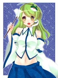  bad_id bare_shoulders detached_sleeves gohei green_hair hair_ornament hair_tubes hands kochiya_sanae long_hair looking_at_viewer navel open_mouth smile solo touhou yellow_eyes yutazou 