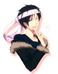  black_hair brown_eyes durarara!! fur_trim gedoooo hachimaki headband heart male open_mouth orihara_izaya short_hair simple_background solo wink 