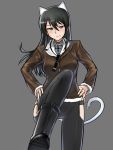  animal_ears bad_id black_hair blue_eyes boots hands_on_hips jacket long_hair military military_uniform seen smile strike_witches tail telescope ulrich_(tagaragakuin) uniform 
