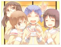  :d \m/ aioi_yuuko black_eyes black_hair blue_hair brown_eyes brown_hair glasses grin hair_cubes hair_ornament hands_together happy highres looking_at_viewer minakami_mai multiple_girls naganohara_mio nichijou open_mouth photo_(object) pose school_uniform shinonome_nano short_hair short_twintails skirt smile tsukimoto_aoi twintails v wink 