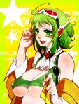  breasts goggles goggles_on_head green_eyes green_hair gumi headphones megpoid_(vocaloid3) omaru open_mouth short_hair smile solo under_boob underboob vocaloid 