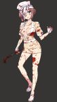  bandages bare_legs blood blood_on_face blood_splatter bloody_clothes blue_eyes breasts brown_hair bubble_head_nurse center_opening crowbar dummy04 gloves hat minidress naso4 nurse nurse_cap personification silent_hill simple_background solo weapon 