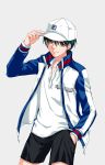  black_hair brown_eyes cap echizen_ryoma gedoooo hat highres jacket male short_hair shorts simple_background smile solo tennis_no_ouji-sama 