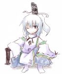  1girl grey_eyes hat himegi japanese_clothes mononobe_no_futo ponytail silver_hair sitting smile solo squatting tate_eboshi touhou wink 