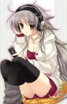  :o black_legwear breasts buttons candy cellphone cleavage collarbone copyright_request headphones hoodie jewelry long_hair looking_at_viewer necklace open_mouth phone pillow saeki_hokuto shorts silver_hair sitting solo sweater thigh-highs thighhighs very_long_hair yellow_eyes 