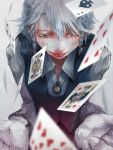  braid card cards eyelashes face falling_card foreshortening gloves hair_ribbon hands izayoi_sakuya jewelry lips necklace patchouli_knowledge playing_card plus-kitsch pocket_watch ribbon touhou watch 