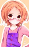  brown_eyes brown_hair face glasses heart heart_of_string highres precure red-framed_glasses sepia_background shirabe_ako shirt short_hair solo suite_precure suspenders uduki-shi uzuki_aki 