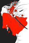  barefoot blackjoe closed_eyes flower horn katana konngara monochrome no_mouth pearl ponytail profile solo spot_color standing_on_one_leg sword touhou touhou_(pc-98) weapon wide_sleeves 