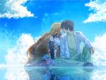  1girl black_hair blonde_hair closed_eyes couple eyes_closed gloves incipient_kiss jude_mathis long_hair mathuri midriff milla_maxwell red_eyes reflection sitting sky smile tales_of_(series) tales_of_xillia water 