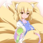  aiming_at_viewer animal_ears blonde_hair blush brush bust dress fox_ears fox_tail fueiku hair_brush looking_at_viewer multiple_tails no_hat no_headwear outstretched_hand pov_aiming short_hair smile solo tabard tail touhou white_dress yakumo_ran yellow_eyes 