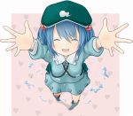  ^_^ backpack bag boots carry_me closed_eyes eyes_closed face foreshortening from_above hands heart heart_background incoming_hug kawashiro_nitori key looking_up outstretched_arms smile solo standing takaha_(haiburijji) touhou water 