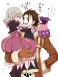  &gt;_&lt; 1girl alvin_(tales_of_xillia) blush bow brown_eyes brown_hair carrying coat cravat creature dress eiitoguchi_uka elise_lutas elise_lutus frills green_eyes hand_on_hip height_difference hips pout ribbon ruffles short_hair size_difference smile tales_of_(series) tales_of_xillia teasing tipo_(xillia) tippo translated translation_request white_background 